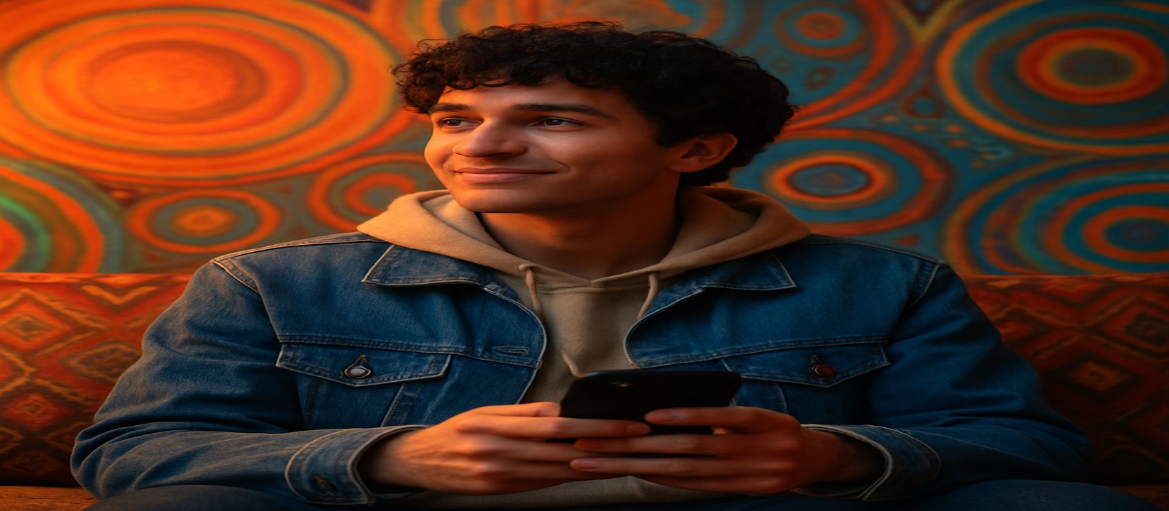 সোফায় আরাম করে বসে স্মার্টফোনে 7ezbd অ্যাপ ব্যবহার করছেন একজন ব্যক্তি