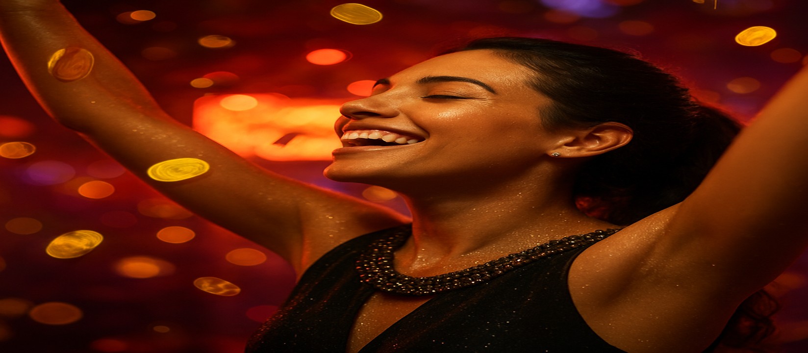 এভিয়েটর গেমে জয়লাভের আনন্দে উচ্ছ্বসিত এক নারী, চারপাশে উড়ছে স্বর্ণমুদ্রা — 7ezbd