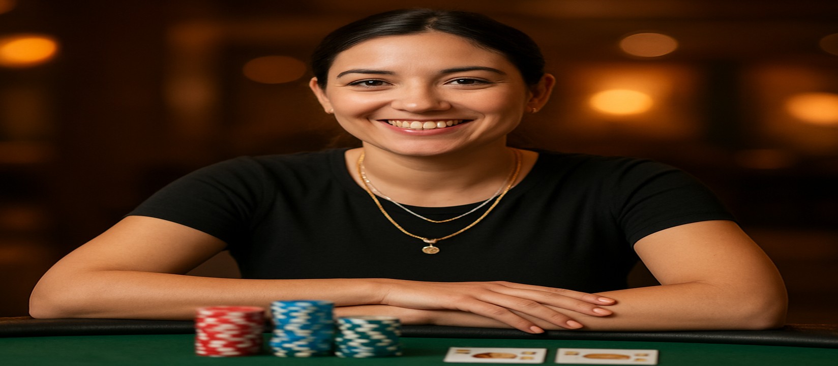 গেমিং প্ল্যাটফর্ম 7ezbd-এ একটি খেলার টেবিলে বসে থাকা হাসিখুশি নারী হোস্ট তাঁর সামনে থাকা গেমিং সামগ্রীসহ বিস্তৃত খেলার একটি নির্বাচন প্রদর্শন করেন।