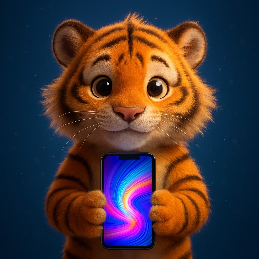 স্মার্টফোনে 7ezbd অ্যাপ ব্যবহার করে এমন একটি কার্টুন বাঘশাবক