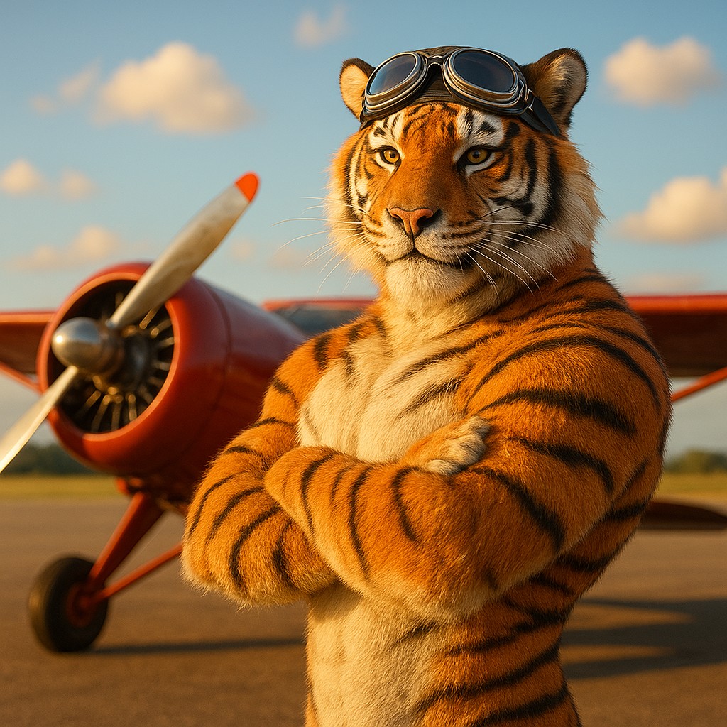 এভিয়েটর গেমটির প্রতীক হিসেবে লাল বিমানের পাশে দাঁড়ানো টাইগার পাইলট — 7ezbd