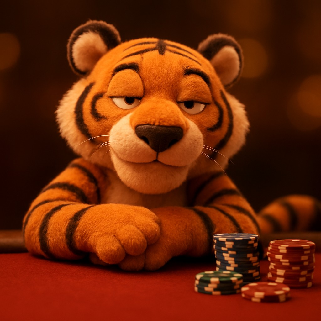 7ezbd গেমিং প্ল্যাটফর্মে টেবিলে চিপস নিয়ে বসে থাকা হাসিখুশি টাইগার শাবক