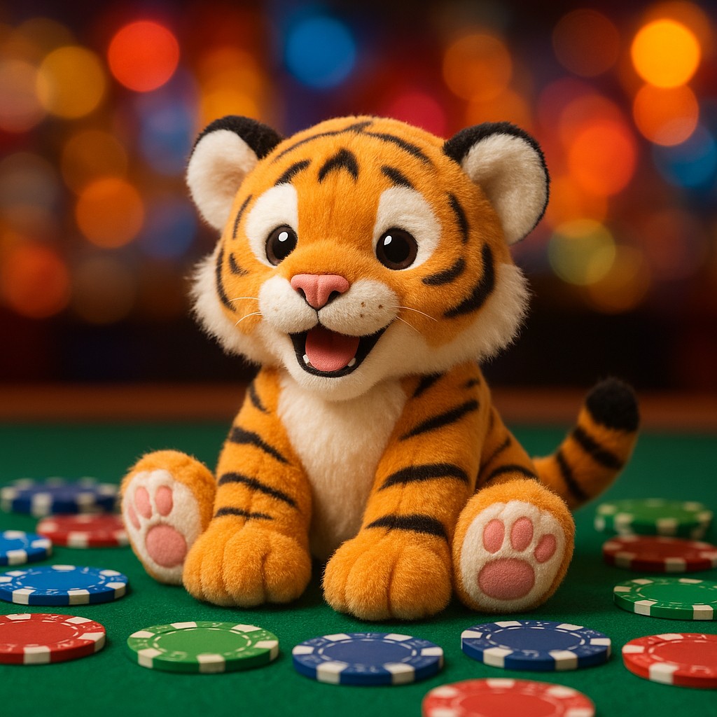 একটি ছোট বাঘের বাচ্ছা একটি টেবিলের ওপর গেমিং সামগ্রীগুলোর পাশে বসে রয়েছে।