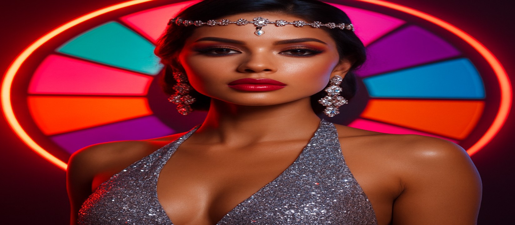 চাকার সামনে উজ্জ্বল পোশাকে একটি নারী, 7ezbd-র রঙিন গেমিং প্ল্যাটফর্ম