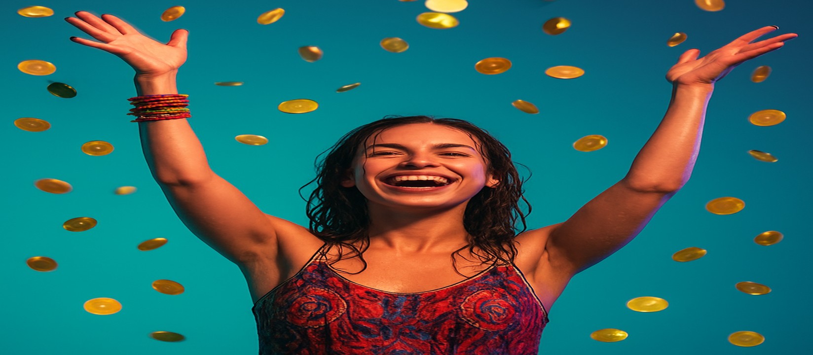 মুদ্রার ঝরনার মাঝে রঙিন পোশাকে একজন নারী