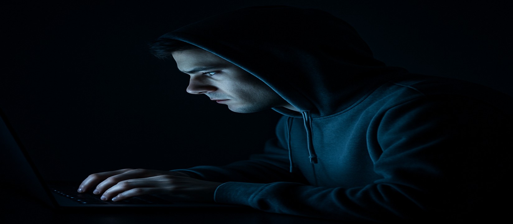 একজন ব্যক্তি অন্ধকার ঘরে ল্যাপটপে মনোযোগ দিয়ে 7ezbd ওয়েবসাইটে অনলাইন গেমিং করছেন।